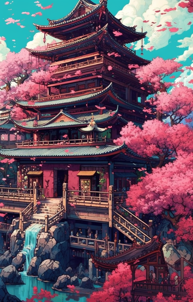 武汉城市高层古风建筑旁高大的粉色樱花盛开花瓣飘落飞舞飞散唯美景象,插画/手绘图,插画/手绘图库,插画/手绘图下载,插画/手绘